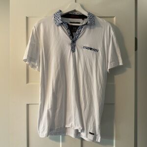 Men's White Polo Shirt with Floral Patterned Collar